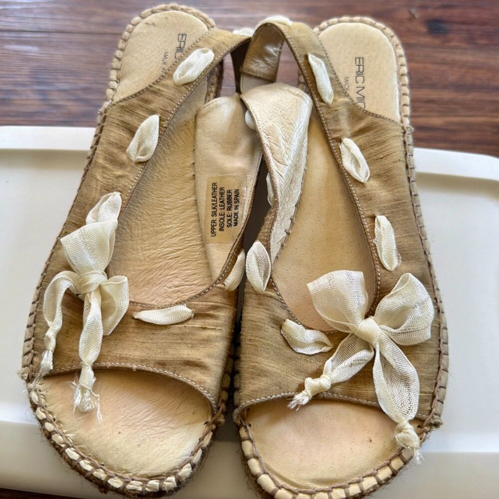 Eric Michael Espadrille Wedge Sandals Silk Ribbon Tie Spain EU 38 US 7.5